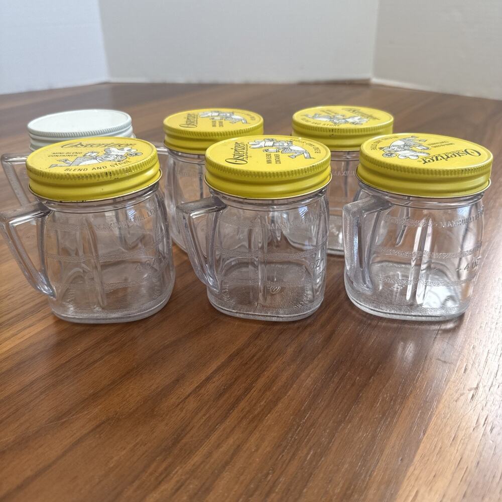 Vintage OSTERIZER Mini Blend and Store 8OZ Jars with Lids -SET of 6 Oster